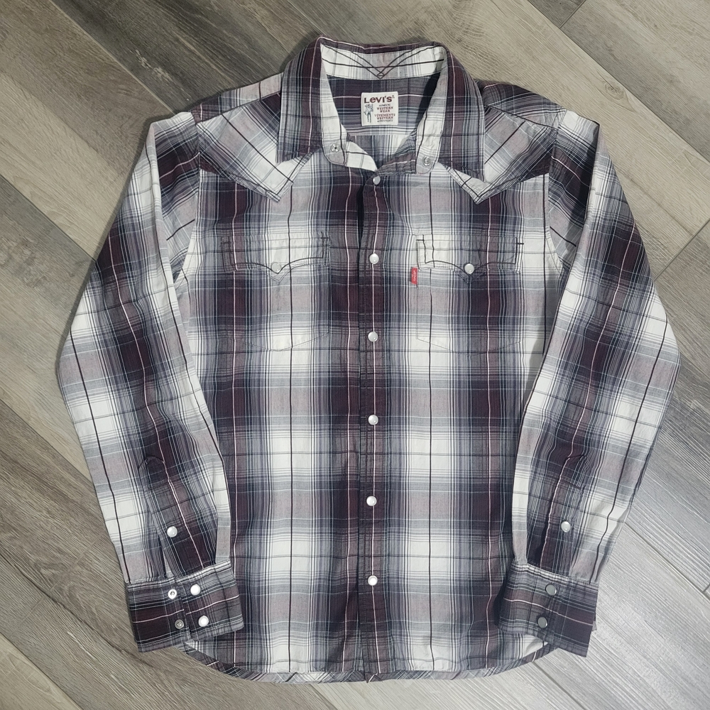 Levi's Men's Plaid Western Cut Shirt in Black, White & Burgundy